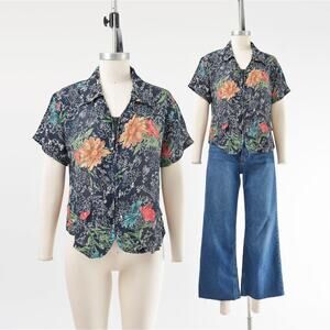 Vintage 90s Navy Floral Blouse Short Sleeve Collared Shirt Zipper Front Top S M